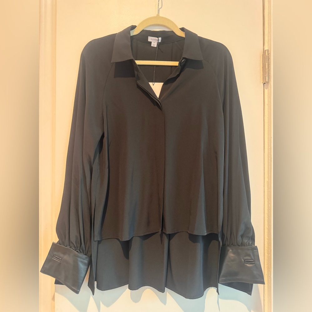 Cuyana Black Button-Down Silk Blouse with Removable Leather Cuffs NWT